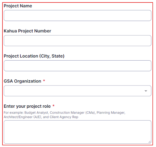 Kahua form with project name, project number, project location, organization, and project role fields highlighted