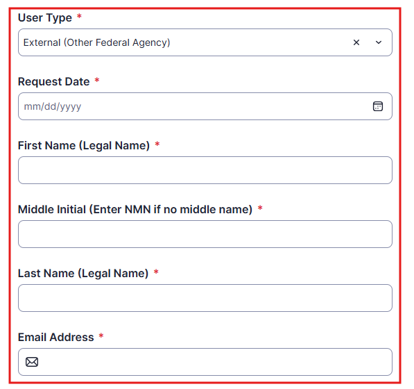 Kahua account request form with request date, user type, first name, middle name, last name, and email fields highlighted