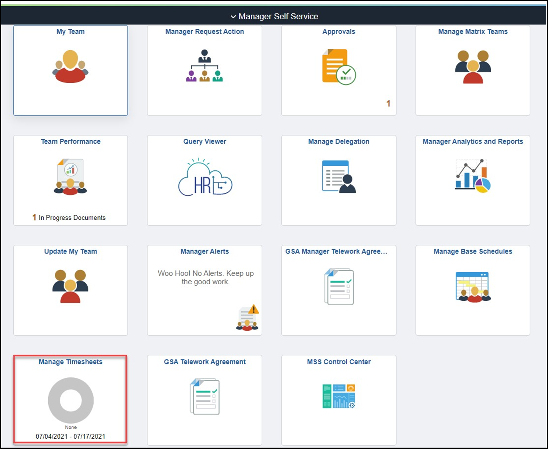 Timesheet entry with manage timesheets tile highlighted