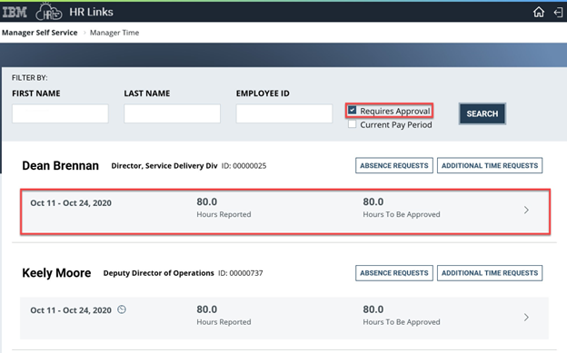 Timesheet entry with date, hours reported, and hours to be approved highlighted