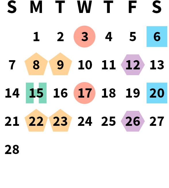 February 2027 calendar month grid with columns for Sunday to Saturday, Monday, Feb 1 on first row, and Sunday, Feb 28 on fifth row