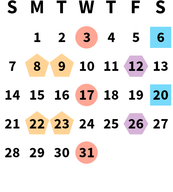 March 2027 calendar month grid with columns for Sunday to Saturday, Monday, Mar 1 on first row, and Wednesday, Mar 31 on fifth row