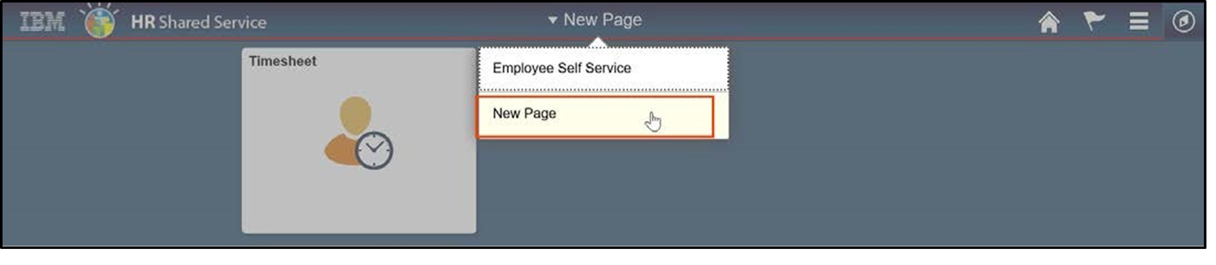 Timesheet entry showing new page highlighted within dropdown menu