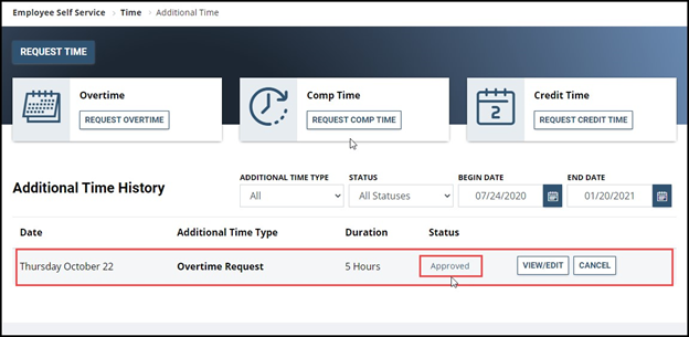 Timesheet entry showing overtime request with date, duration, and approved button highlighted
