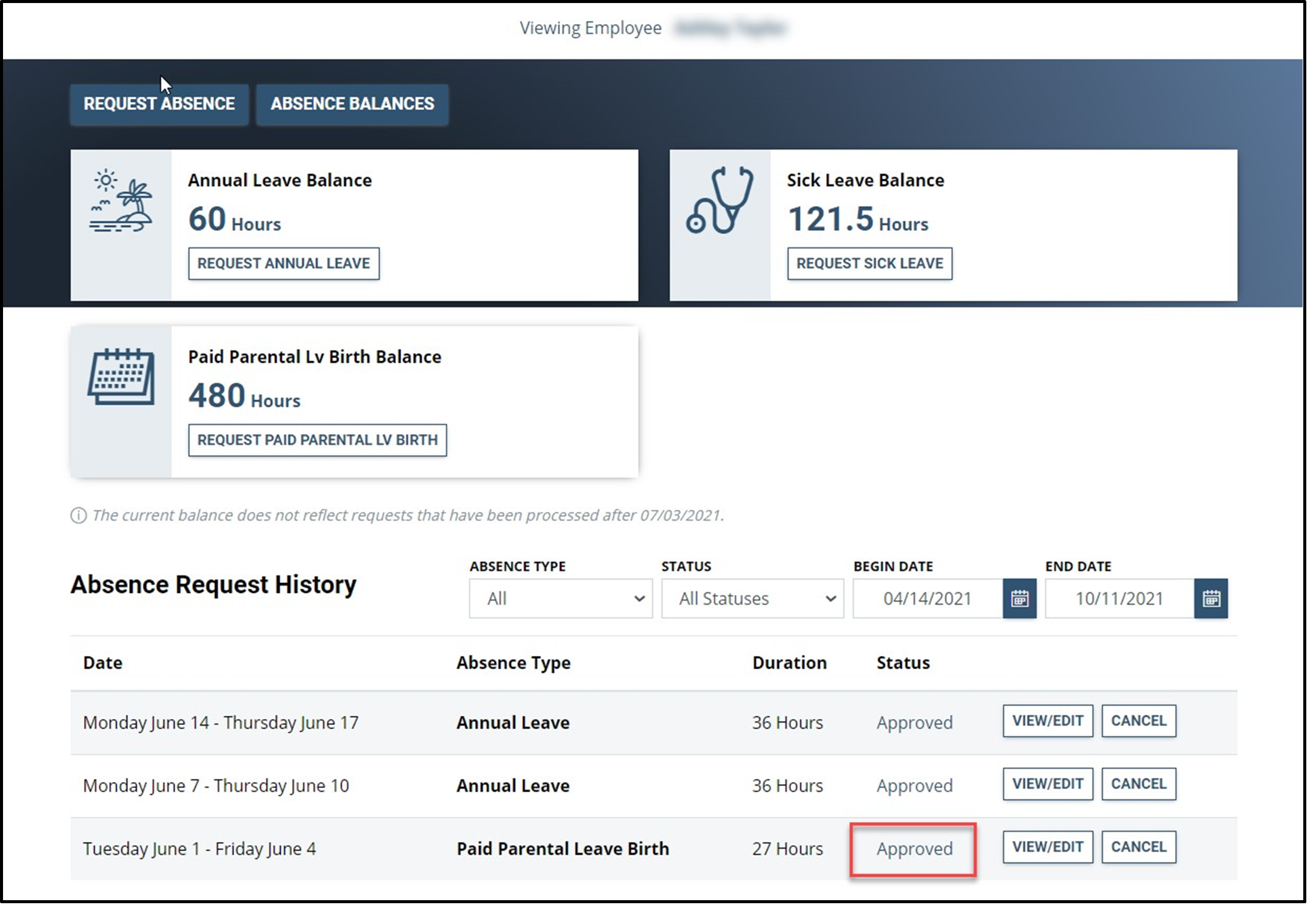 Timesheet entry for paid parental leave status approved with approved highlighted