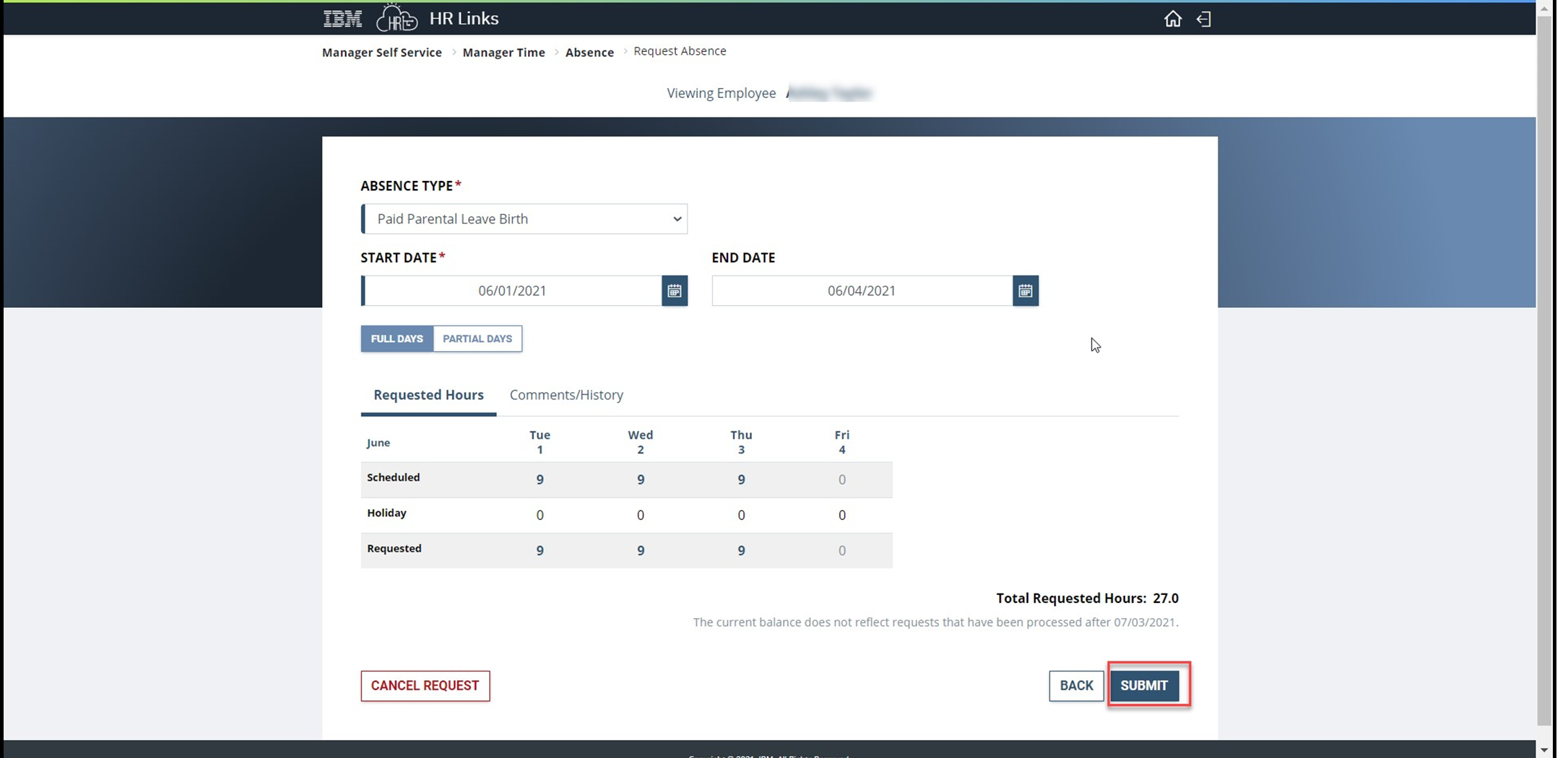 Timesheet entry for paid parental leave with submit button highlighted
