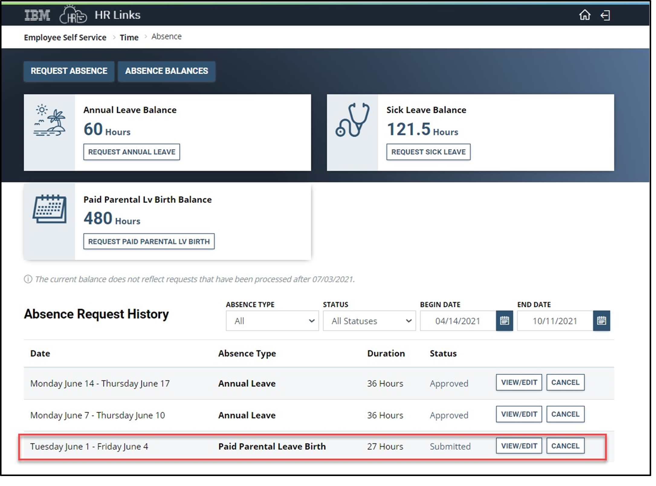 Timesheet entry for paid parental leave with date, duration, and status highlighted