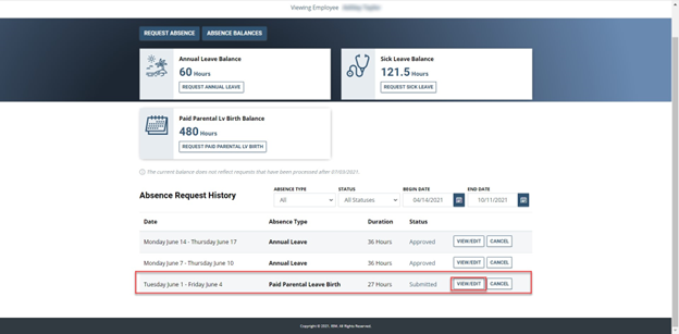Timesheet entry with date, paid parental leave, duration, status, and view and edit buttons highlighted