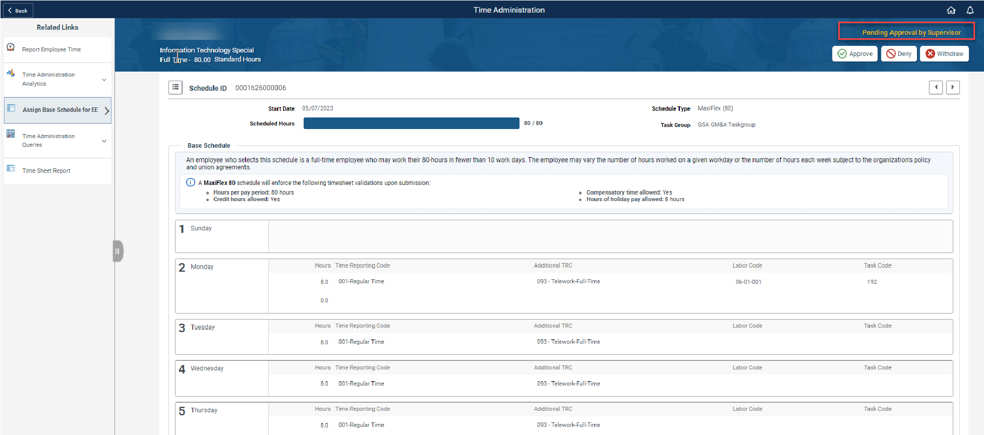 Timesheet entry with pending approval by supervisor highlighted
