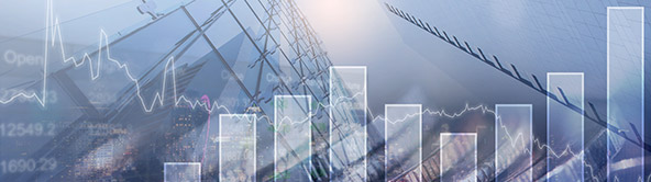 Cityscape and buildings in background with overlay of charts and graphs
