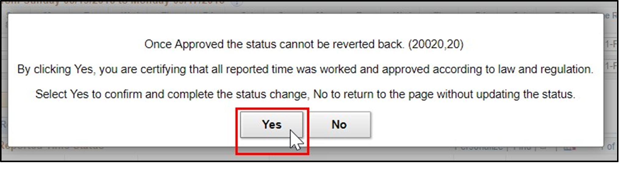 Timesheet entry dialog box for confirming submission with yes button highlighted
