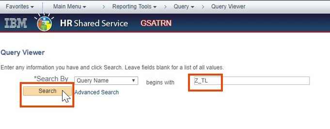 Timesheet entry of query viewer page with search button and begins with Z_TL  search field highlighted