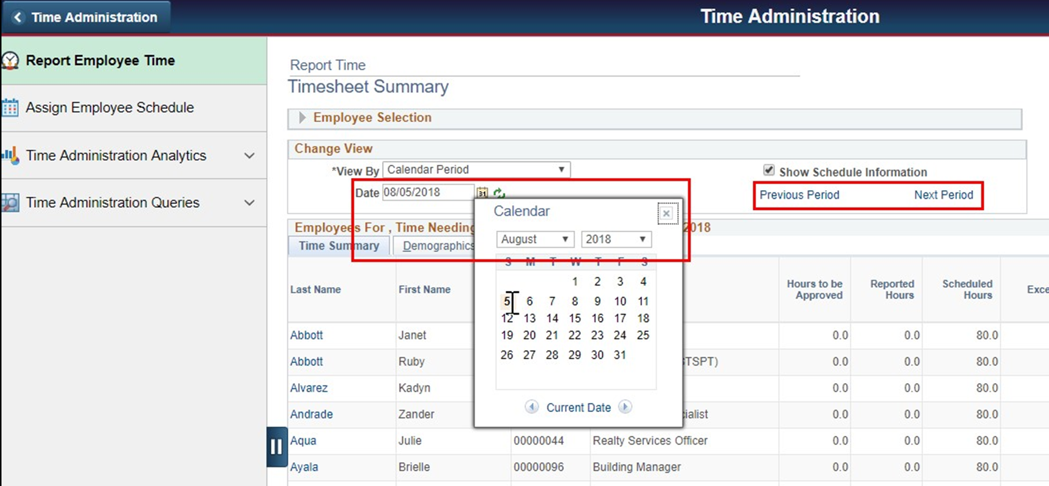Timesheet entry of report employee time with calendar dates selected in change view section