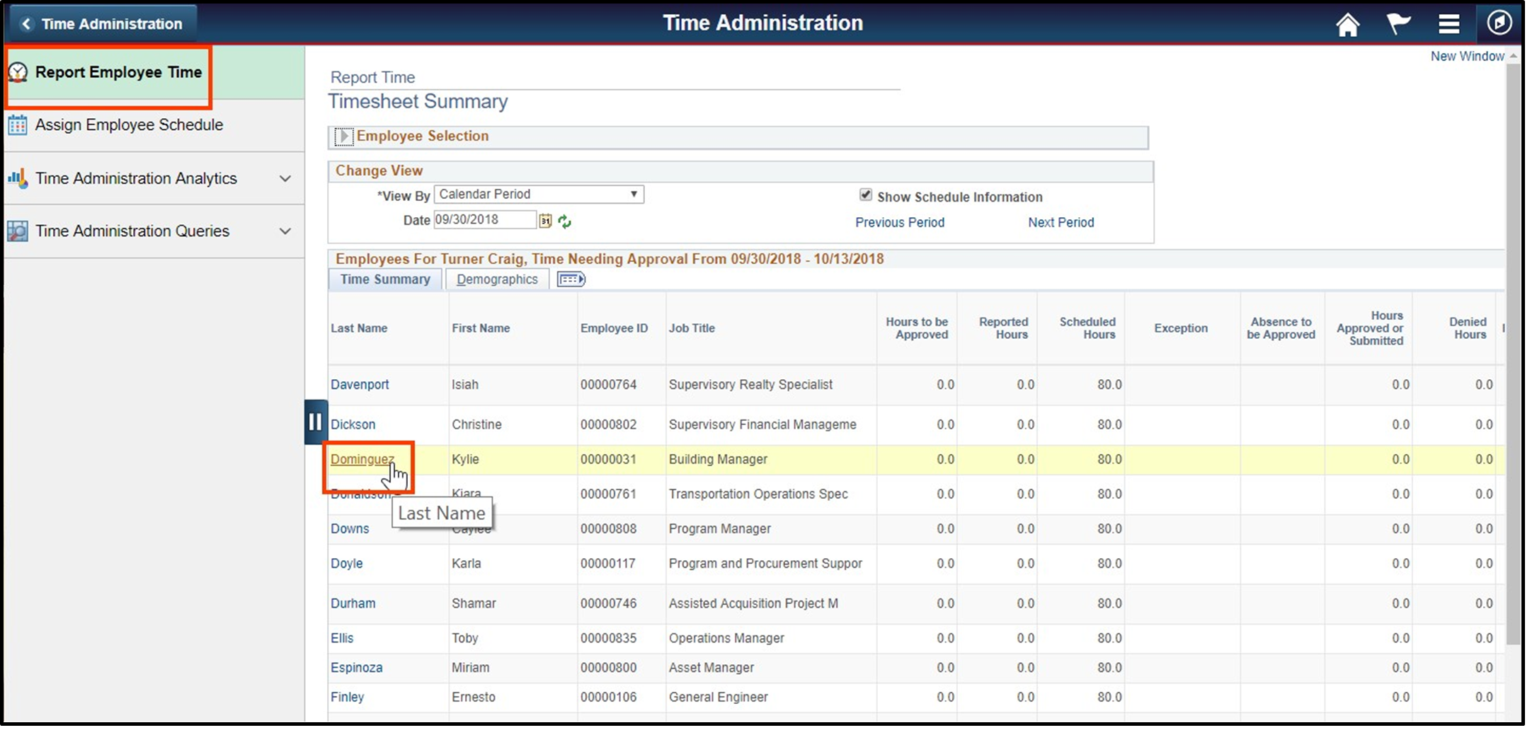 Timesheet entry with last name and report employee time highlighted