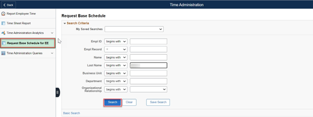 Timesheet entry with request base schedule tab and search button highlighted