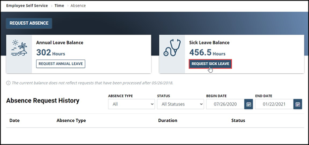 Timesheet entry with request sick leave button highlighted