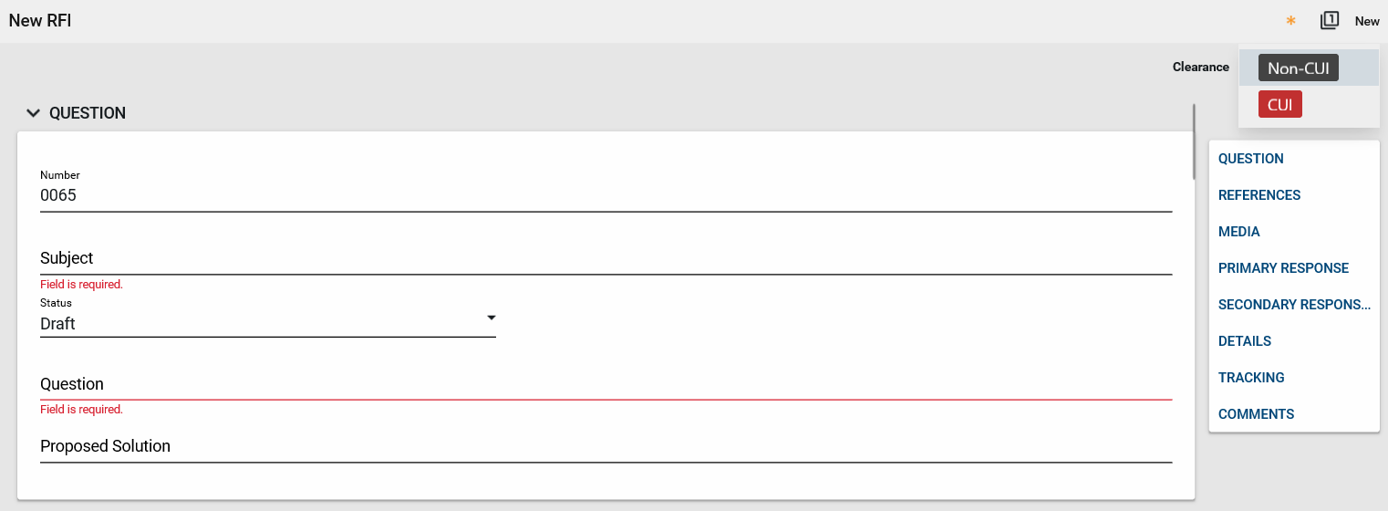 New RFI screenshot with question dialogue box with number, subject, status, question, and solution fields.