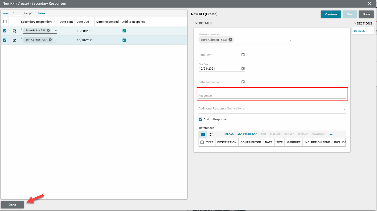RFI screenshot showing the response field highlighted.