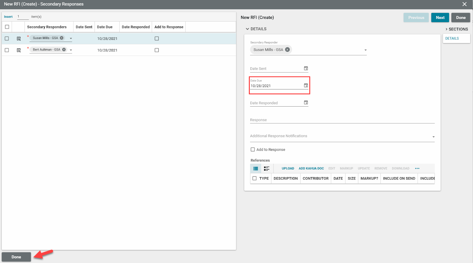 RTI instructions for responders with the done button highlighted