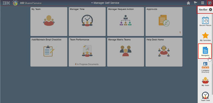 Screenshot of the Manager Self Service home page with Navigator from the NavBar highlighted
