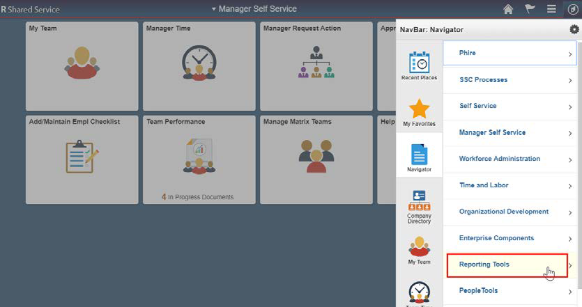 Screenshot of the Manager Self Service home page with Reporting Tools from the NavBar highlighted