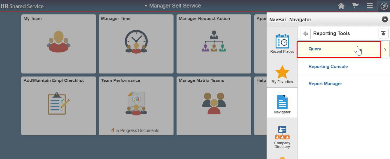 Screenshot of the Manager Self Service home page with query from the NavBar highlighted