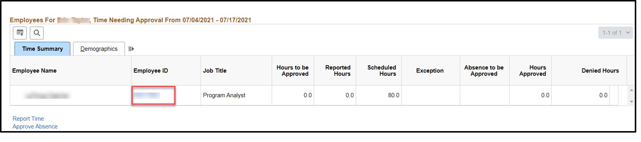 Timesheet entry with employee ID highlighted