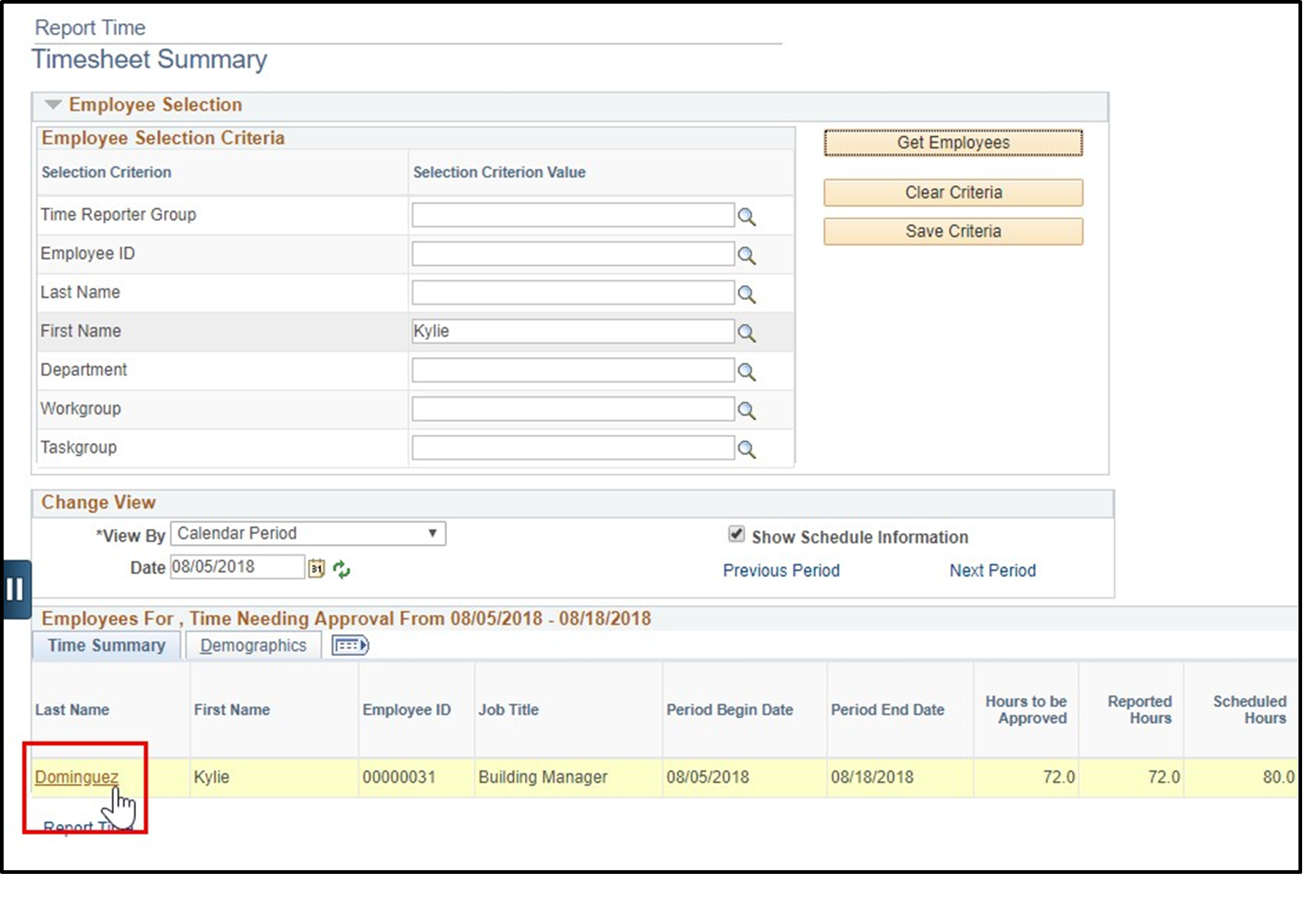 Timesheet entry with last name of employee highlighted