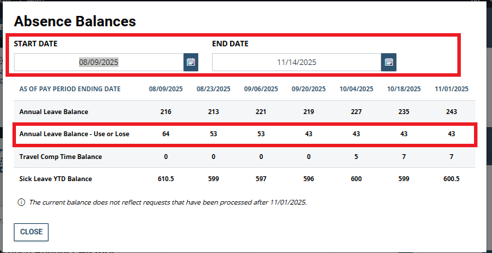 Screenshot of the absence balances page with start date highlighted
