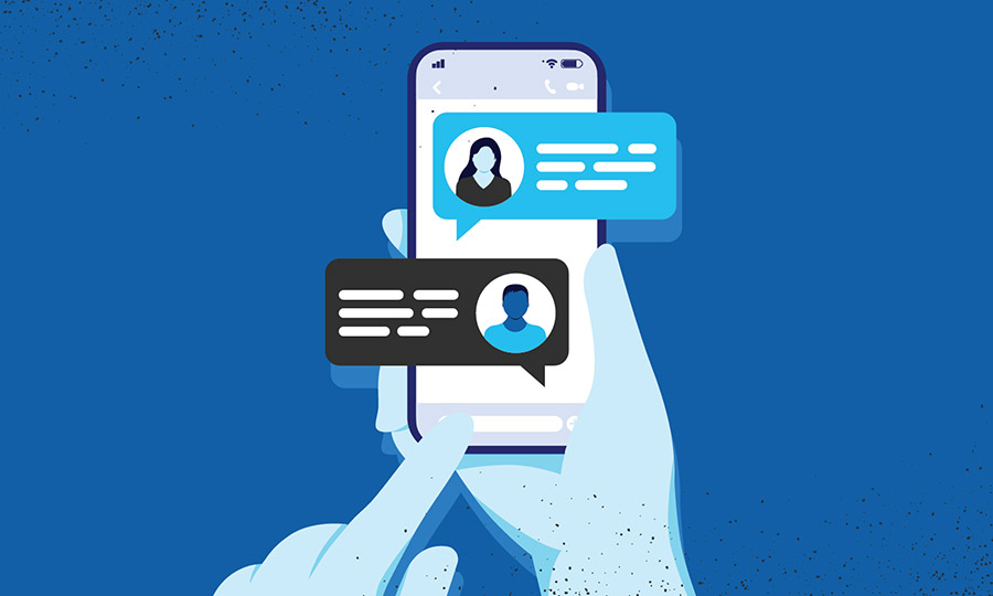 Illustration of two hands holding a mobile phone with a conversation on the screen