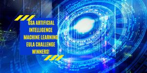 Blue abstract image of concentric circles and shapes to represent artificial intelligence, with text GSA artificial intelligence machine learning EULA challenge winners