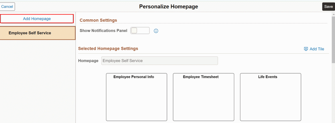  Screenshot of Personalize Homepage box with "Add Homepage" link highlighted in red.
