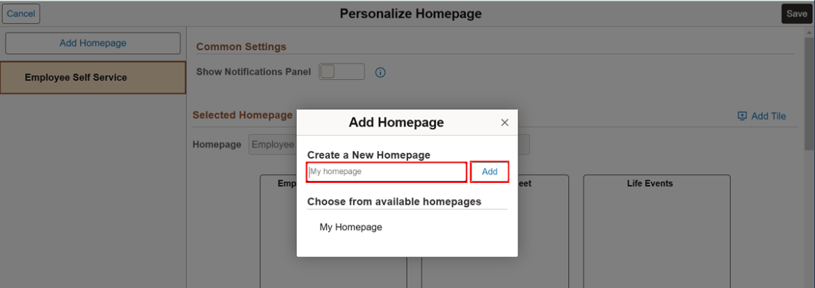Screenshot showing "Add Homepage" popup window highighted in red.