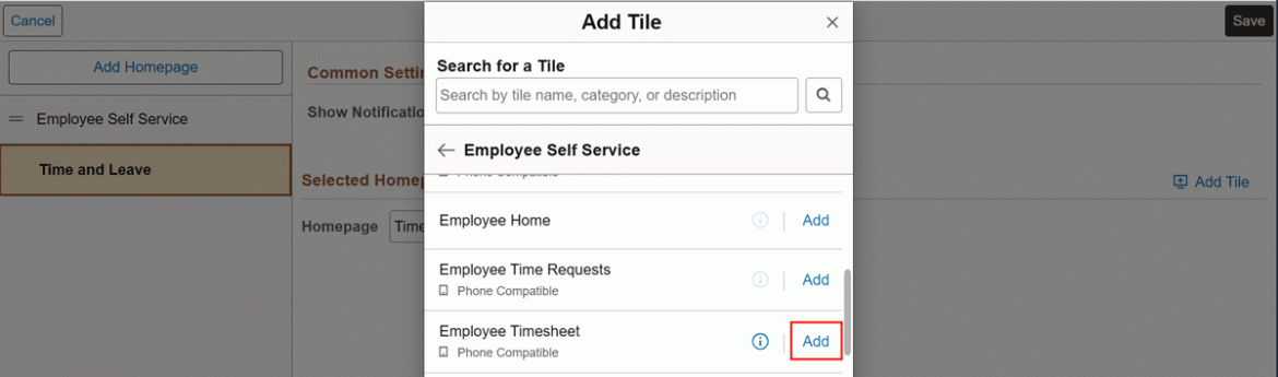  Screenshot showing Add Tile popup with search results and the "Add" button highlighted in red.