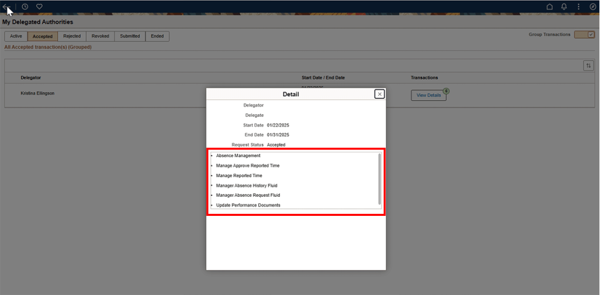  Screenshot showing Detail popup with delegation details highlighted in red.
