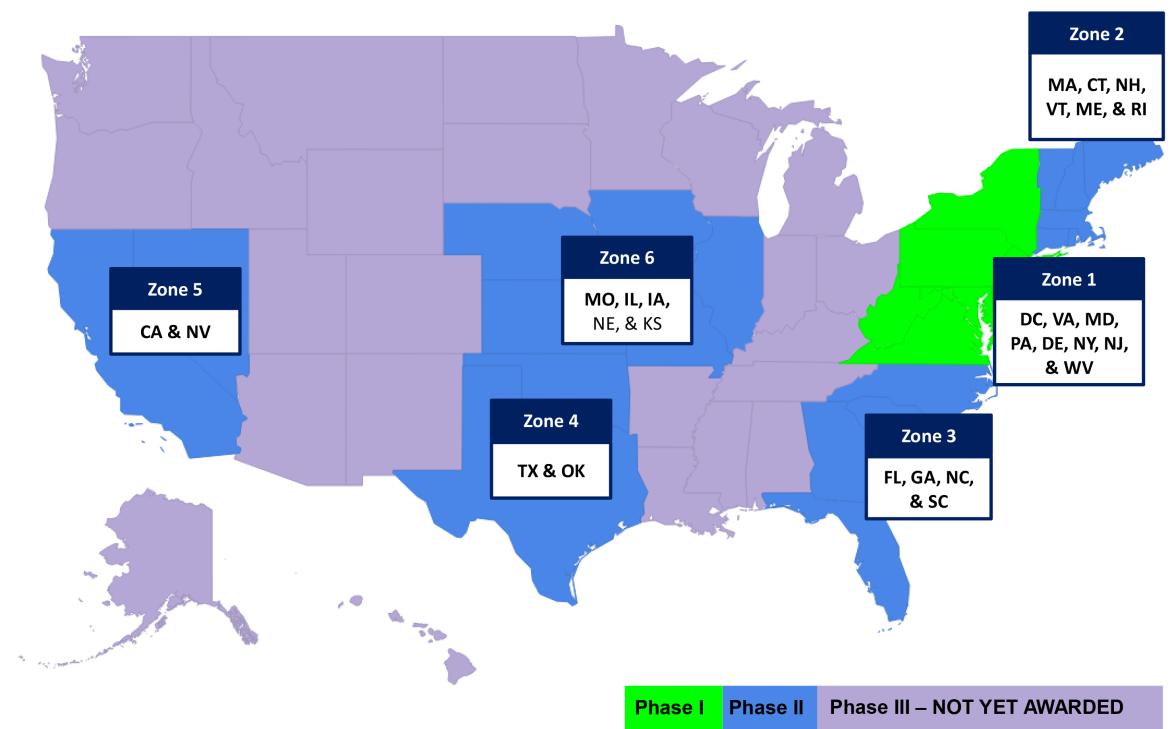 An image of the United States with different states designated as phase 1 through phase 3
