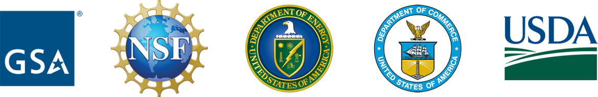 Five U.S. government agency logos and seals, GSA, NSF, Energy, Commerce, USDA