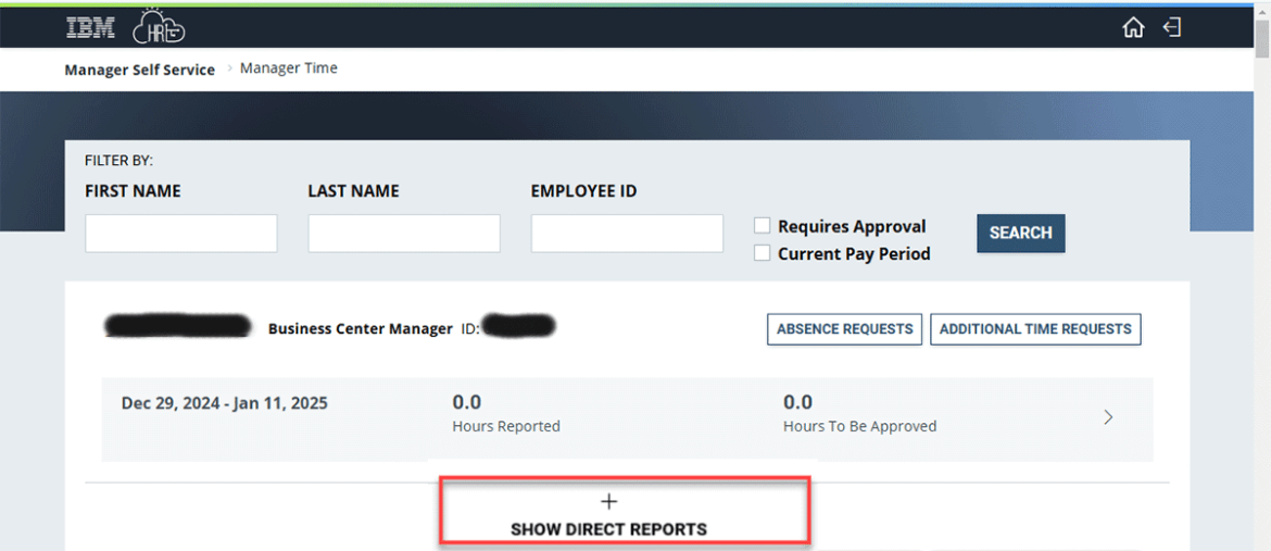 Screenshot showing where the link to show direct reports is highlighted in red.
