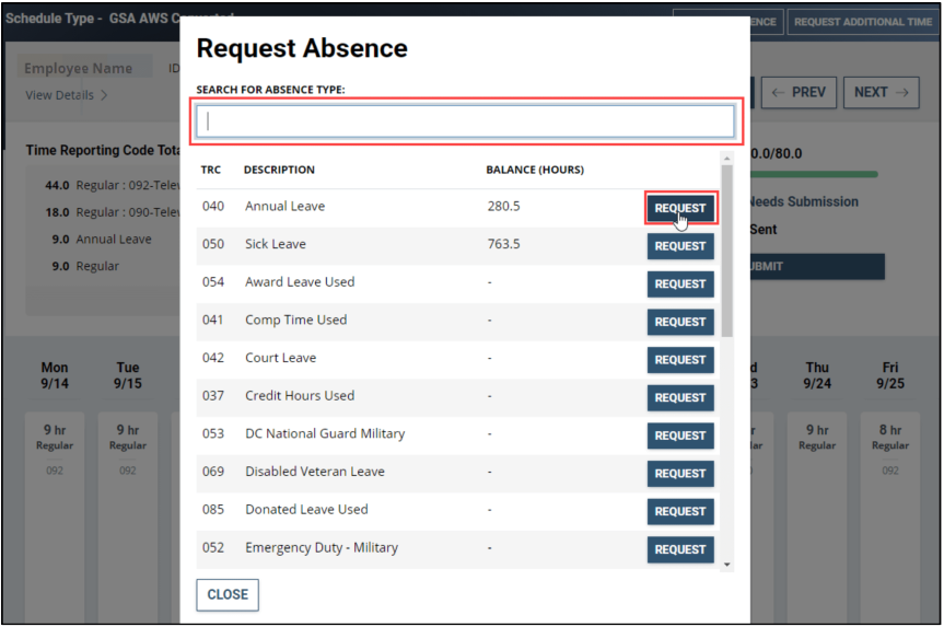 Employee Absence request pop up