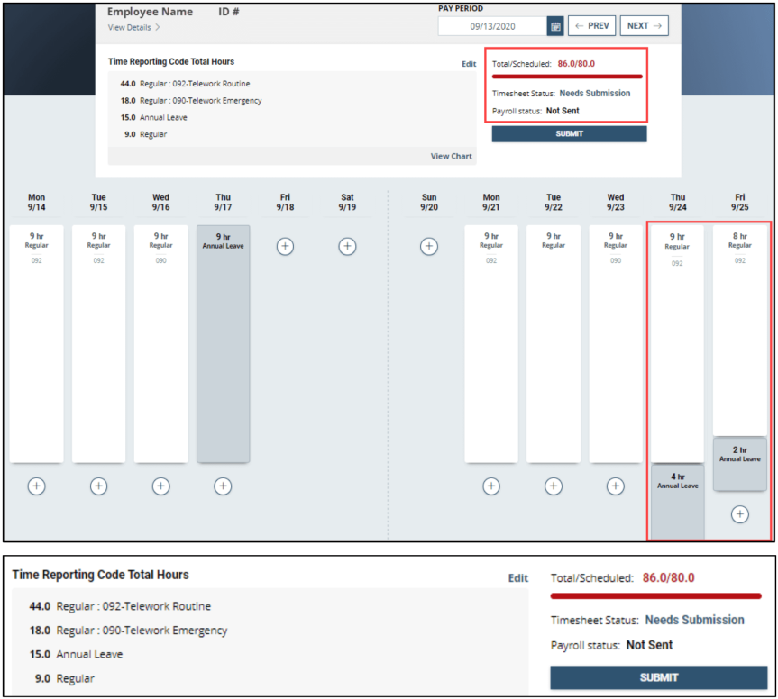 employee timesheet code total