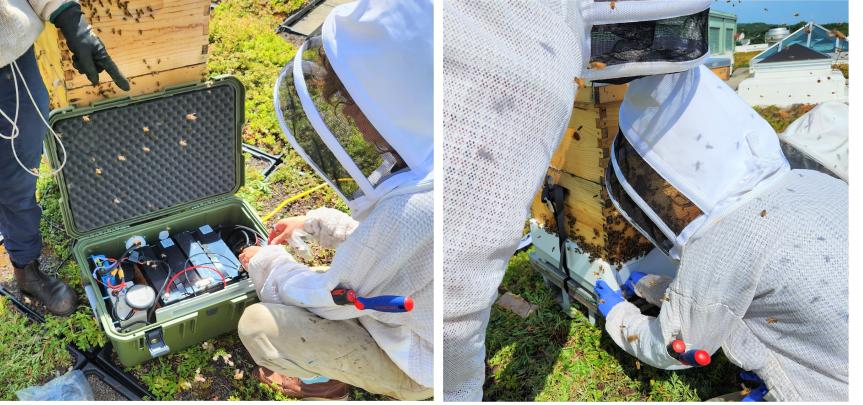 Two Photos; First shows the box where the wires and sensors are the second shows people installing the sensors