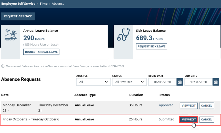 Screenshot of the Request Absence screen with View/Edit highlighted
