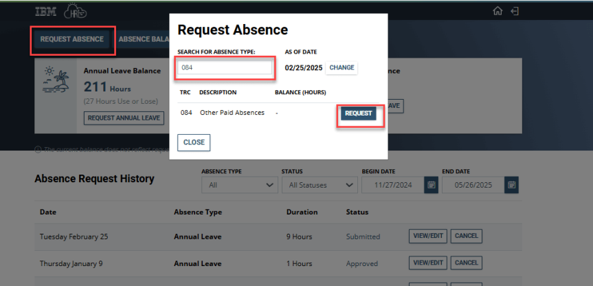  Absence Request pop up window