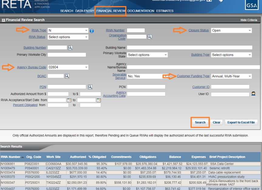 Screenshot of eRETA financial review page