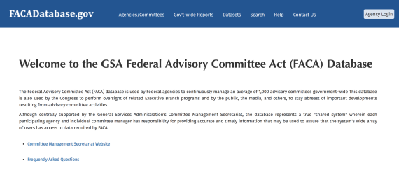 Screenshot of the Facadatabse.gov homepage