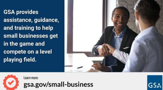 People shaking hands with link to gsa.gov/small-business