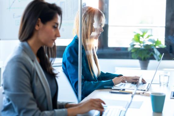 Two people sitting at desks with clear dividers