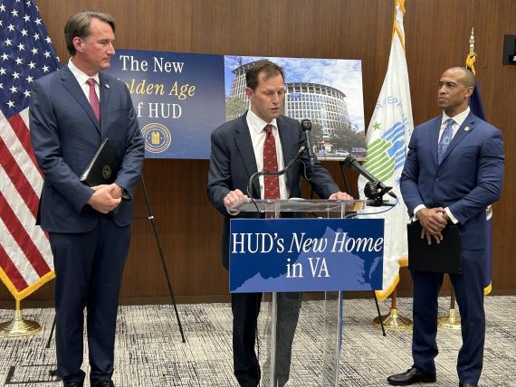 GSA PBS Commissioner Michael Peters participates in a press conference announcing HUD's relocation.