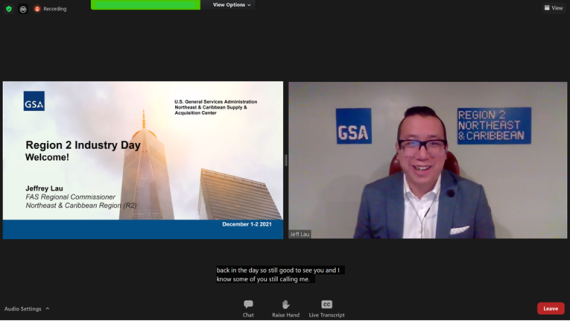Screenshot of Federal Acquisition Service Regional Commissioner Jeffrey Lau virtually kicking off Region 2 Industry Days