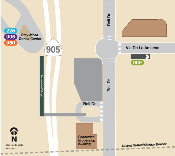 map showing the new MTS transit center bridge at Otay Mesa LPOE